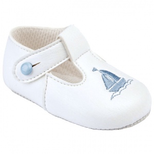 Baby Boys White & Sky Blue T-Bar Boat Pram Shoes